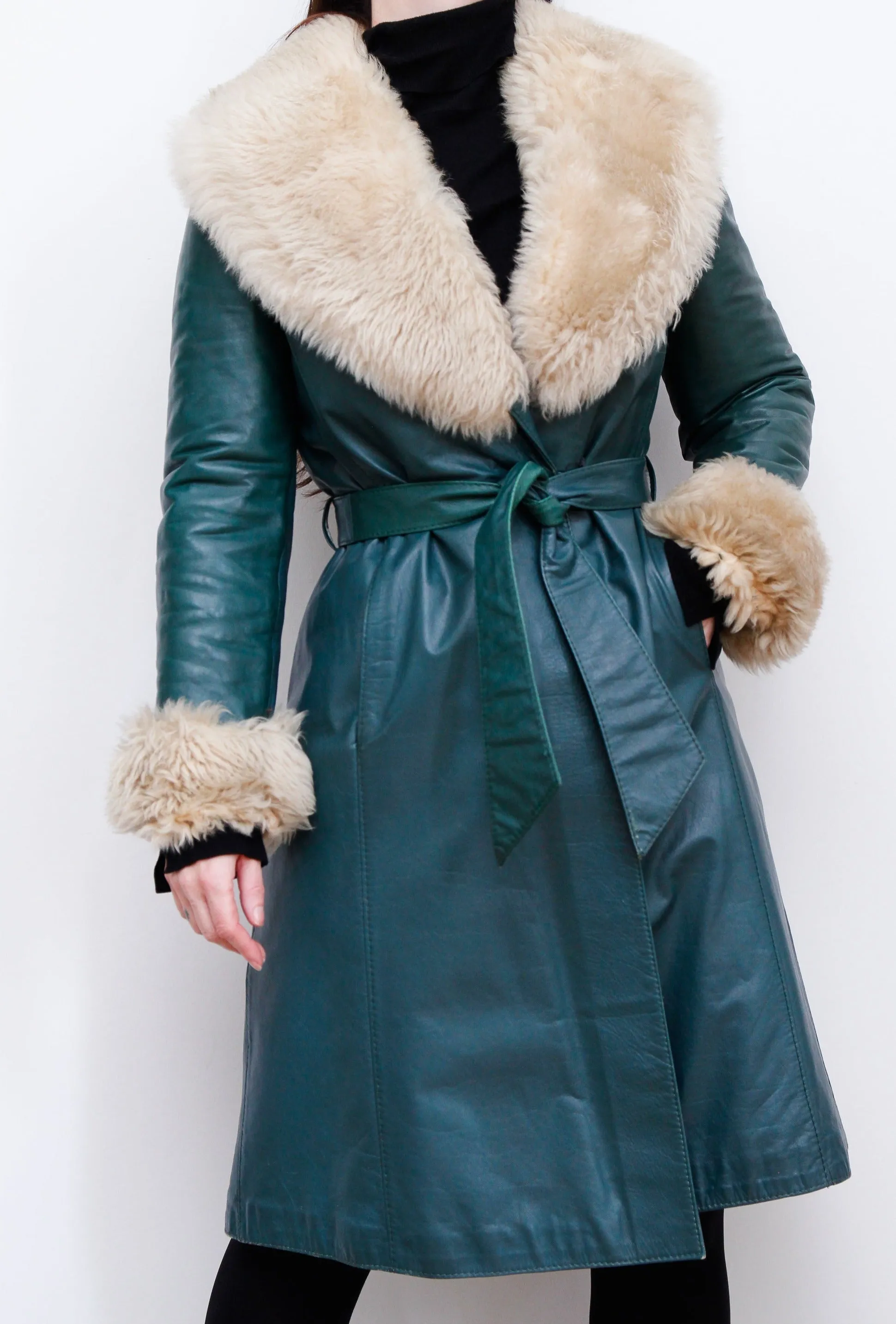 1970's Green Afghan Penny Lane Leather Sheepskin Coat