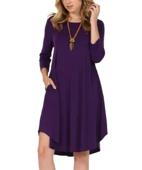 42POPS Women Dark Purple Crewneck Three-Quarter Sleeve Pocket Tunic Dress size M