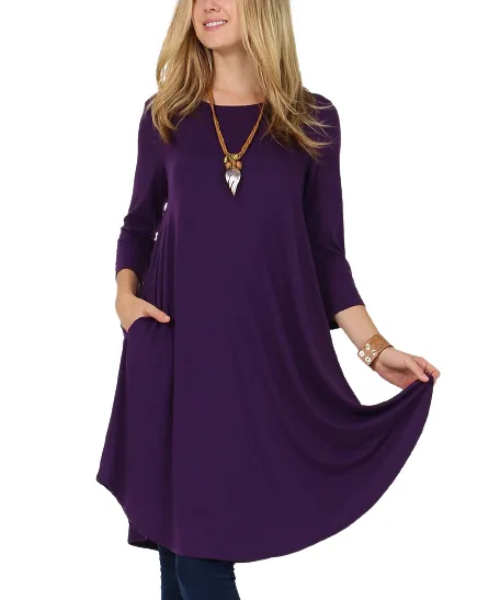 42POPS Women Dark Purple Crewneck Three-Quarter Sleeve Pocket Tunic Dress size M