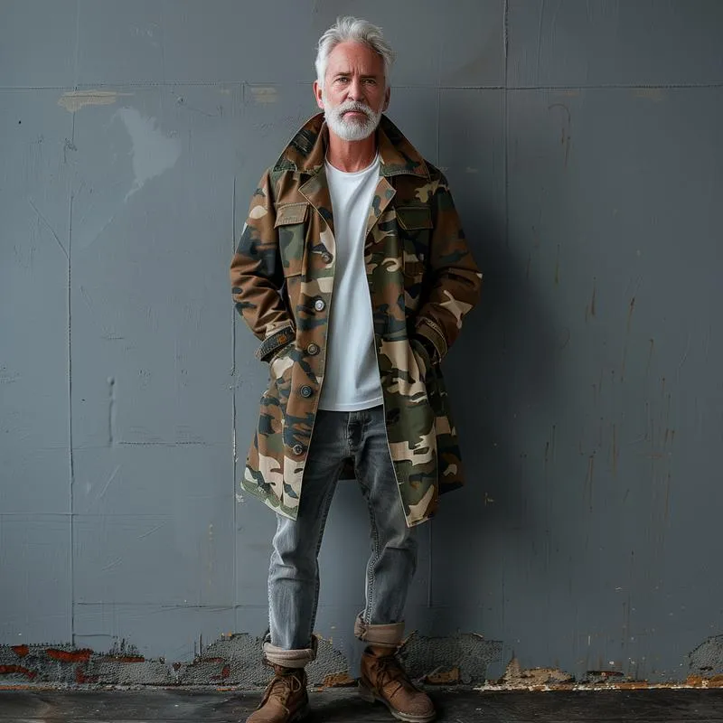 BACKWOODS | Men's Camouflage Lapel Breast Pocket Single Breasted Mid-length Cargo Trench Coat