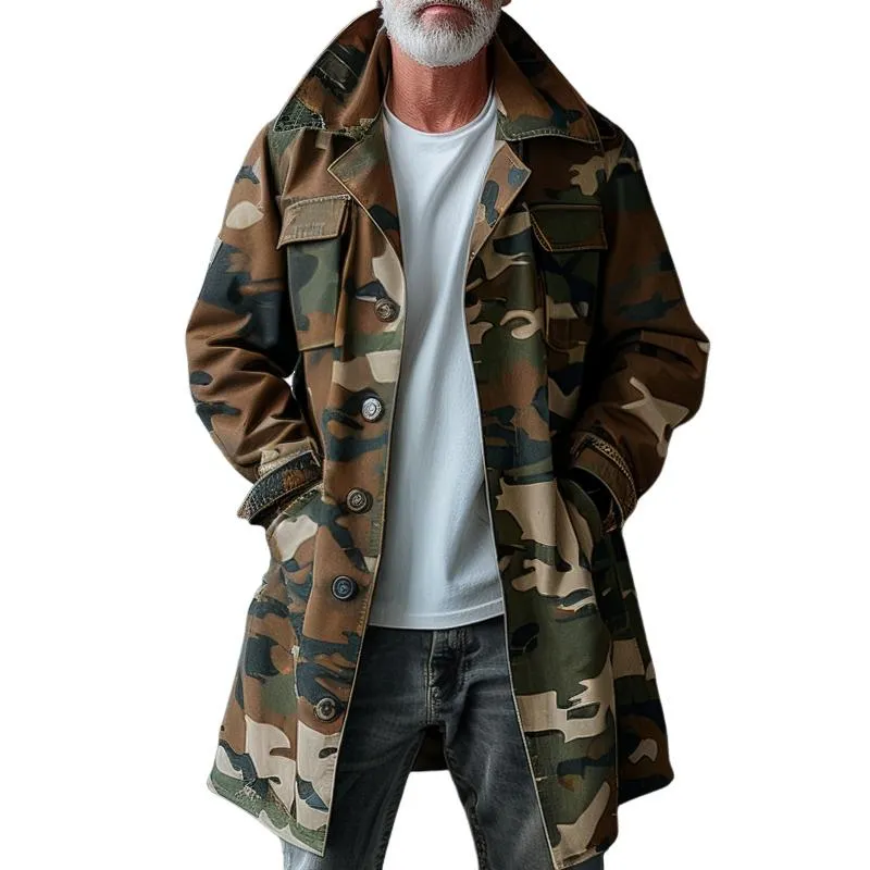 BACKWOODS | Men's Camouflage Lapel Breast Pocket Single Breasted Mid-length Cargo Trench Coat