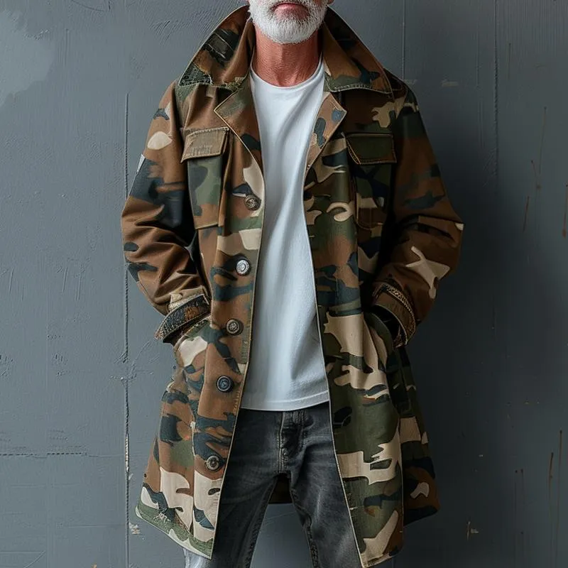 BACKWOODS | Men's Camouflage Lapel Breast Pocket Single Breasted Mid-length Cargo Trench Coat