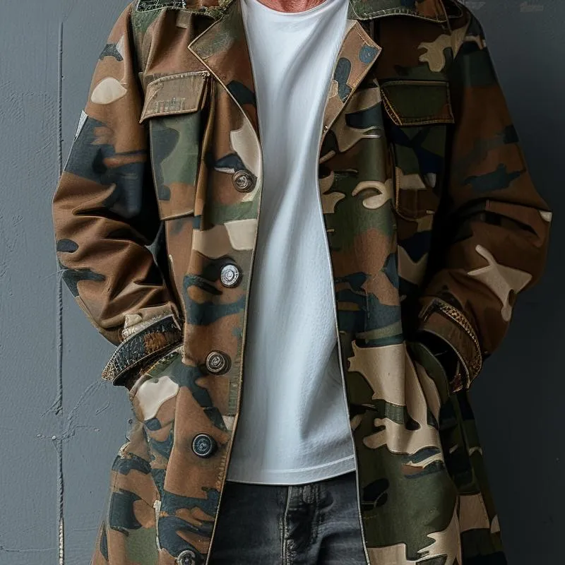 BACKWOODS | Men's Camouflage Lapel Breast Pocket Single Breasted Mid-length Cargo Trench Coat