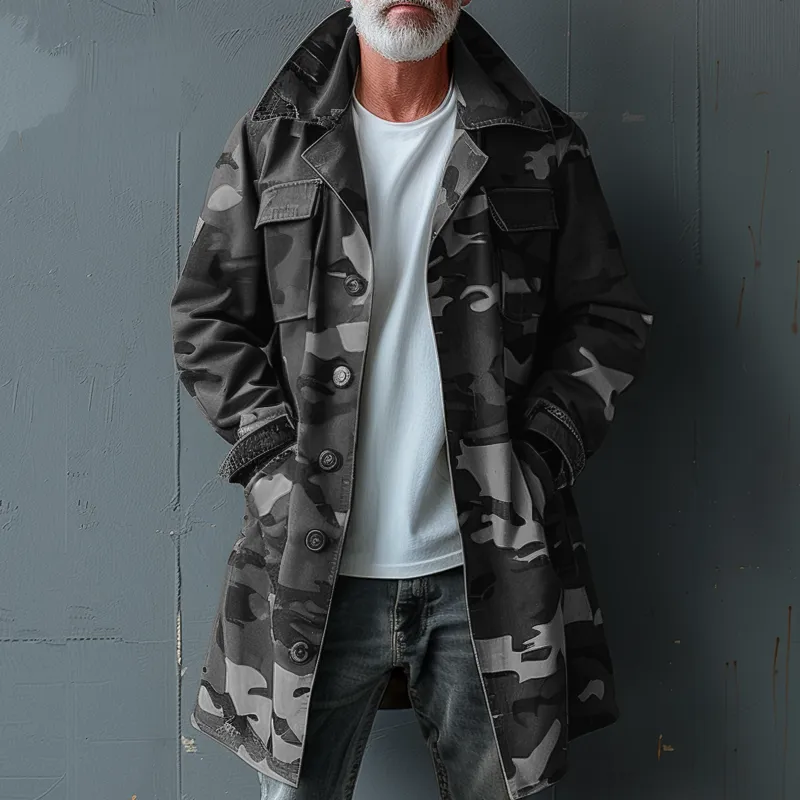 BACKWOODS | Men's Camouflage Lapel Breast Pocket Single Breasted Mid-length Cargo Trench Coat
