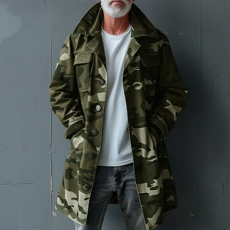BACKWOODS | Men's Camouflage Lapel Breast Pocket Single Breasted Mid-length Cargo Trench Coat