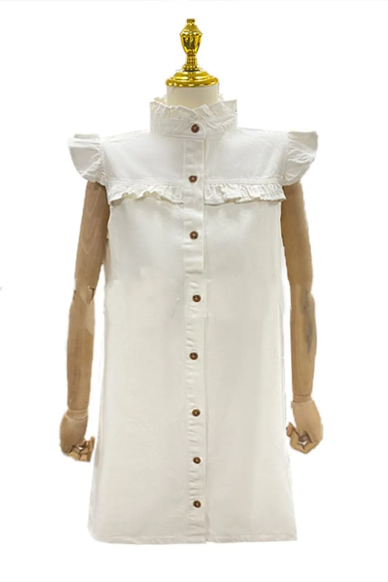 BB694 Ruffle Puffed Sleeve Denim Shirt Dress