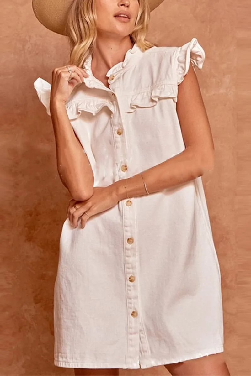 BB694 Ruffle Puffed Sleeve Denim Shirt Dress
