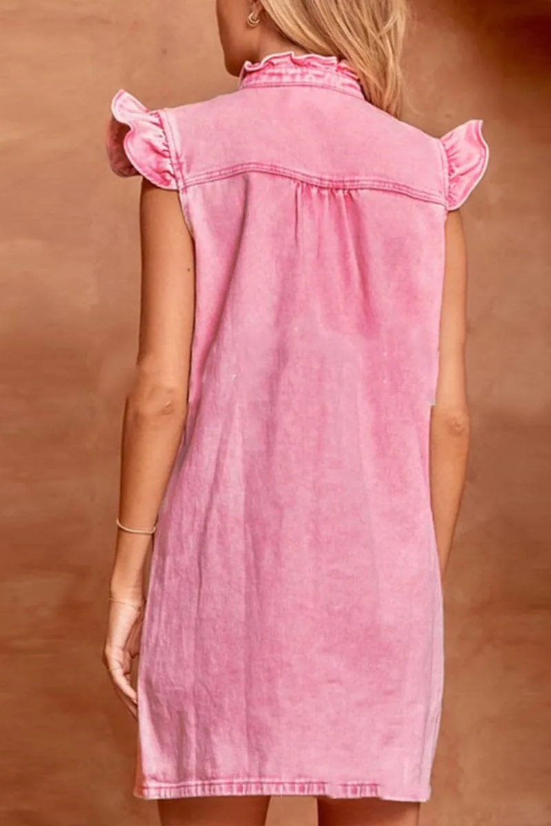 BB694 Ruffle Puffed Sleeve Denim Shirt Dress