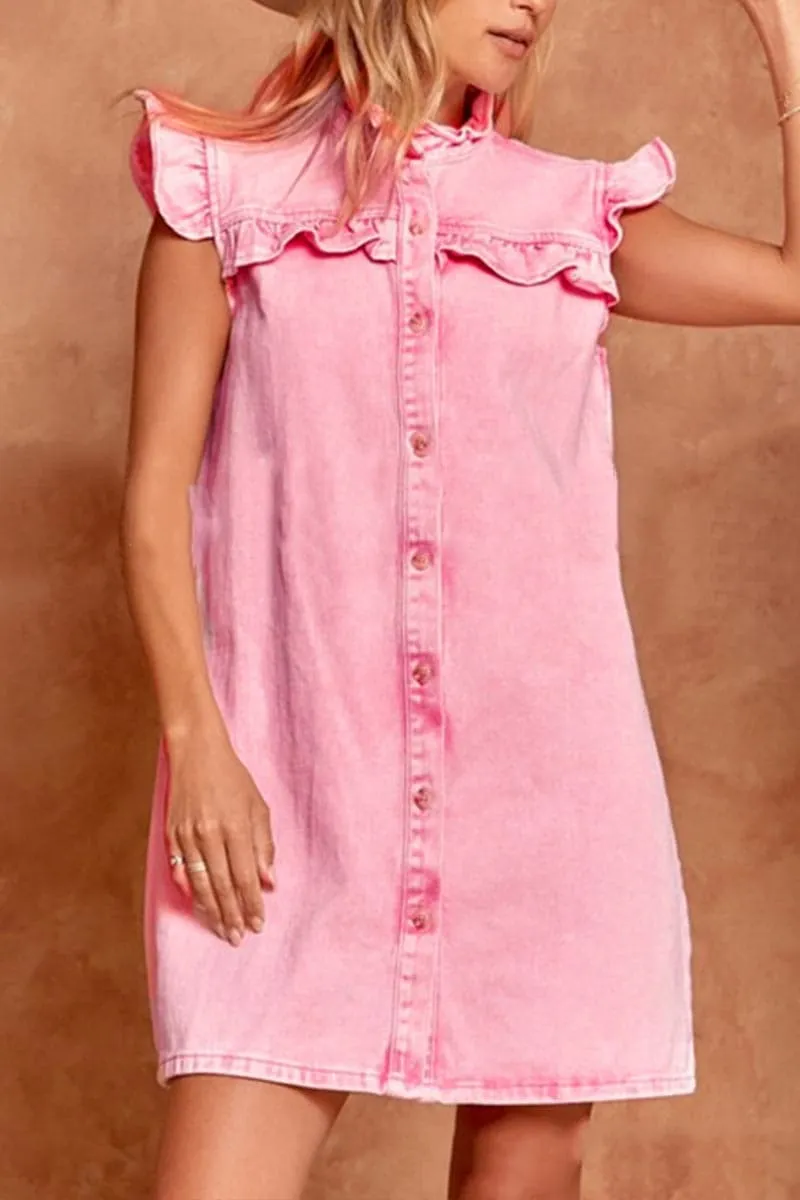BB694 Ruffle Puffed Sleeve Denim Shirt Dress