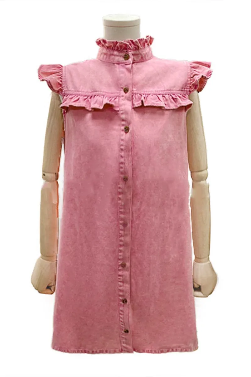 BB694 Ruffle Puffed Sleeve Denim Shirt Dress
