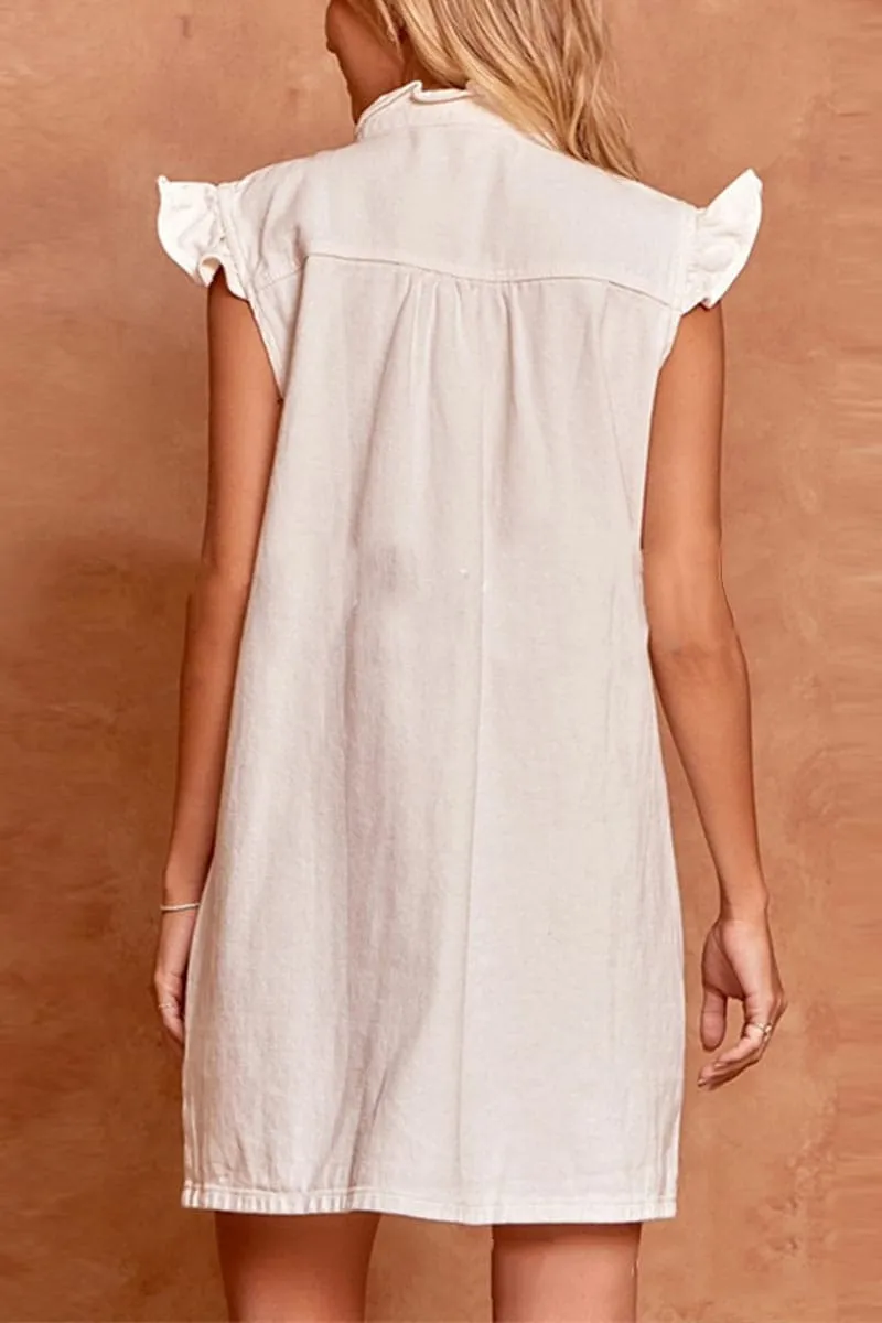 BB694 Ruffle Puffed Sleeve Denim Shirt Dress