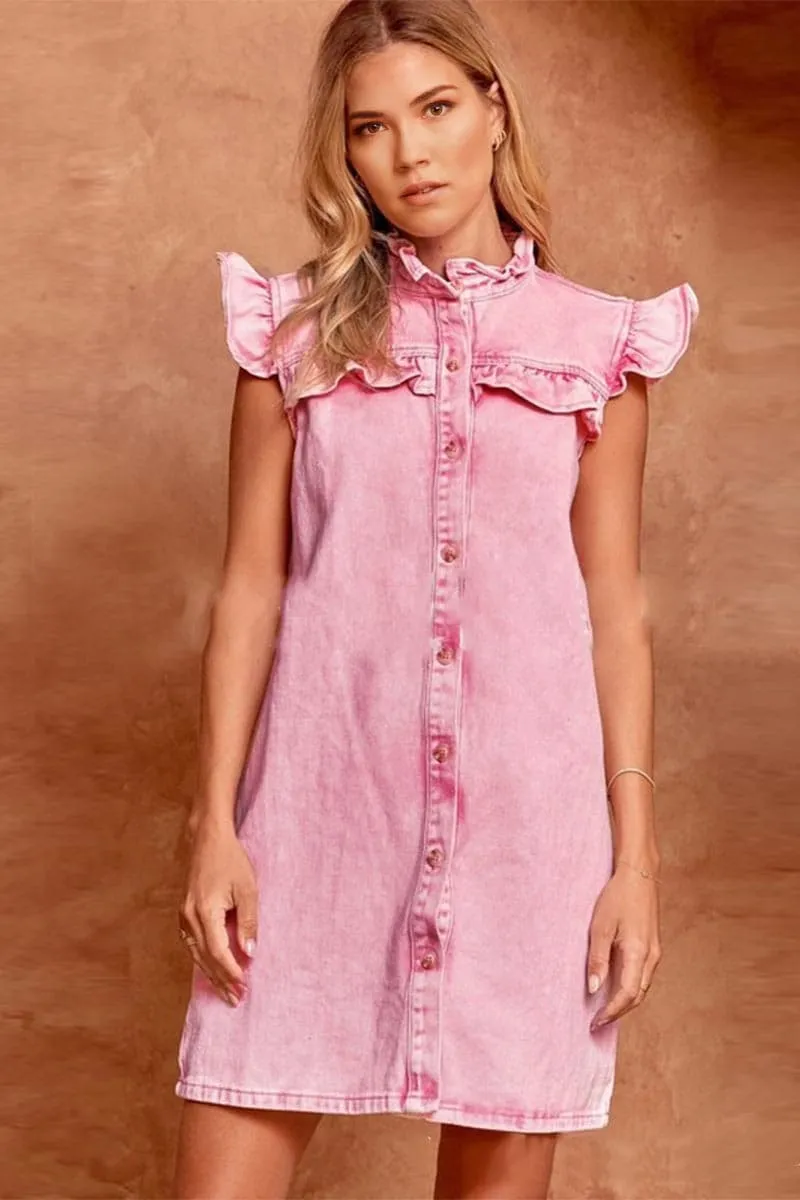 BB694 Ruffle Puffed Sleeve Denim Shirt Dress
