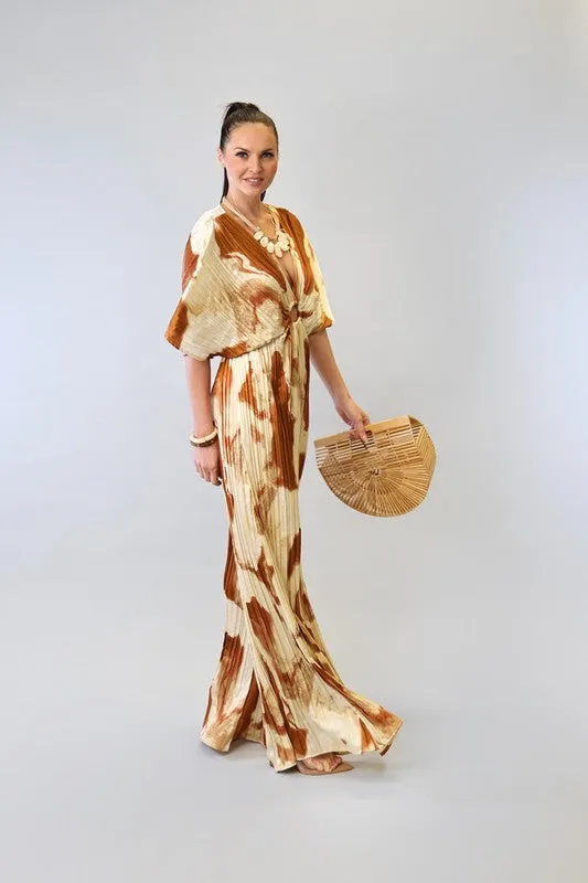 Beige Combo V-Neck Drop Shoulder W/ O-Ring Attached Pleated Jumpsuit