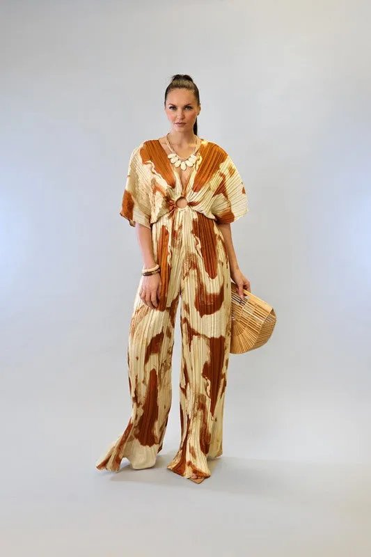 Beige Combo V-Neck Drop Shoulder W/ O-Ring Attached Pleated Jumpsuit