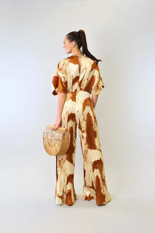 Beige Combo V-Neck Drop Shoulder W/ O-Ring Attached Pleated Jumpsuit