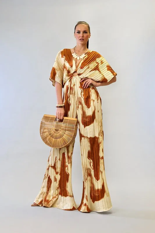 Beige Combo V-Neck Drop Shoulder W/ O-Ring Attached Pleated Jumpsuit