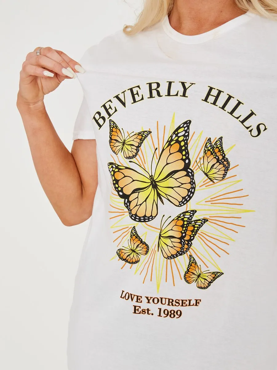 Bekka Beverly Hills Butterfly Graphic Print T-shirt Dress In White