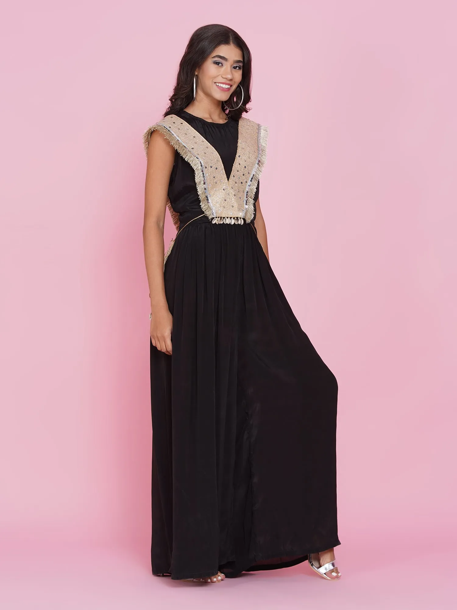 Black viscouse crepe Jumpsuit with hand embellished jacket-WRJ002