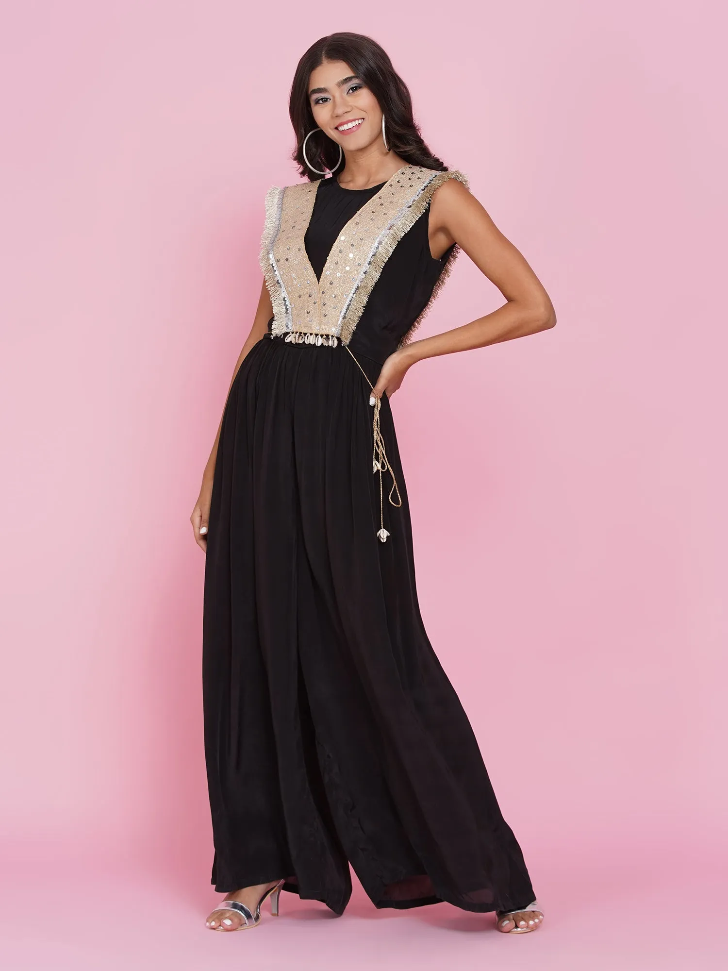 Black viscouse crepe Jumpsuit with hand embellished jacket-WRJ002
