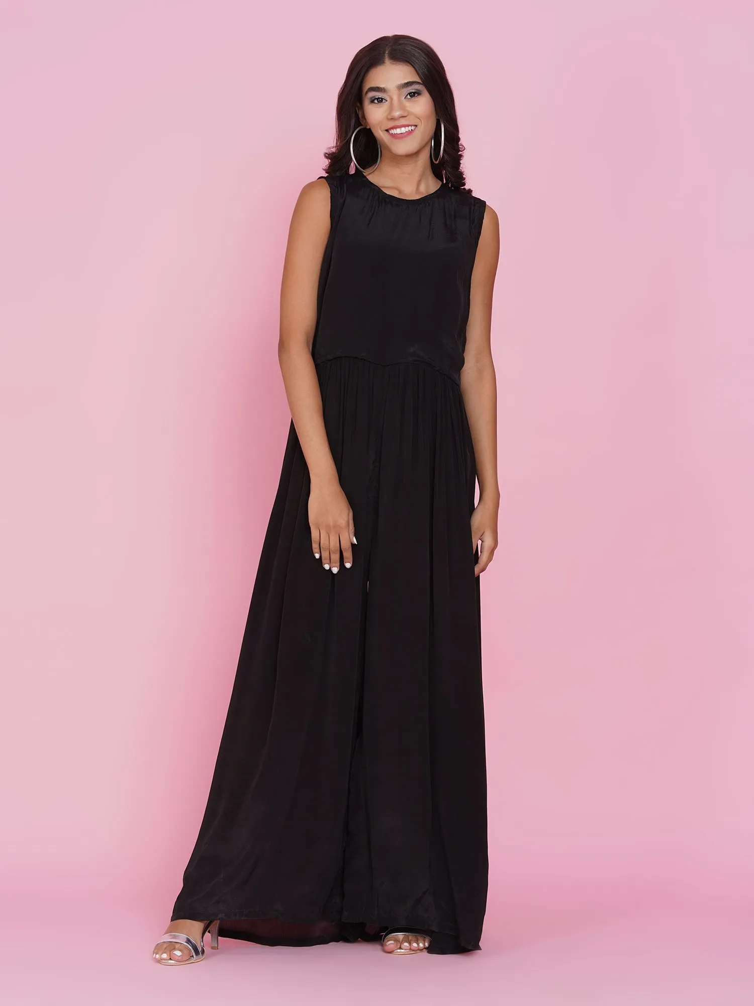 Black viscouse crepe Jumpsuit with hand embellished jacket-WRJ002