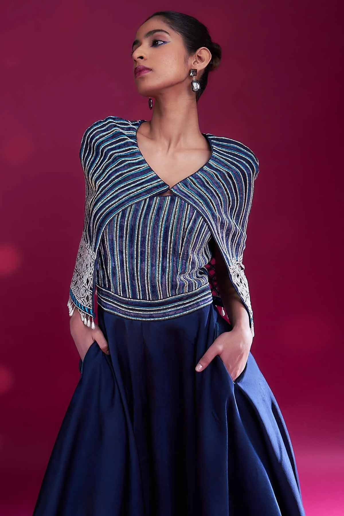 Blue Embellished Jumpsuit & Cape