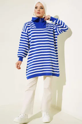BNG Women - Striped Tunic with Zipper on the Neckline in Cornflower Blue - Clermont