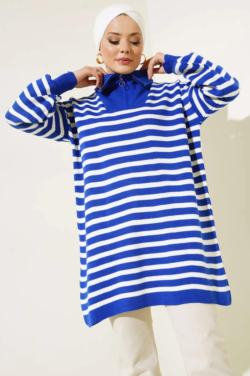BNG Women - Striped Tunic with Zipper on the Neckline in Cornflower Blue - Clermont