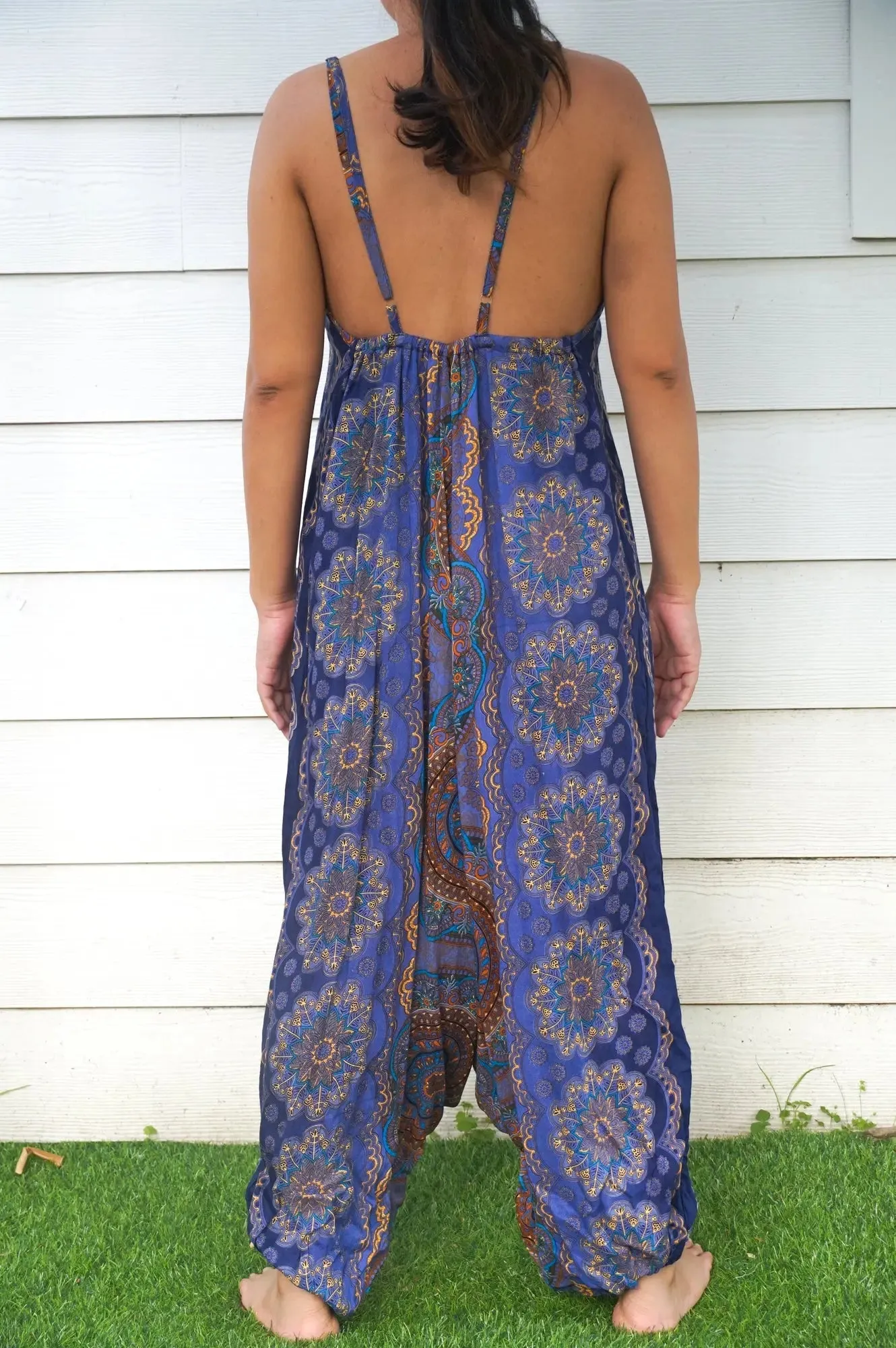 Bohemian Blue Mandala Adjustable Wide-Leg Jumpsuit Romper