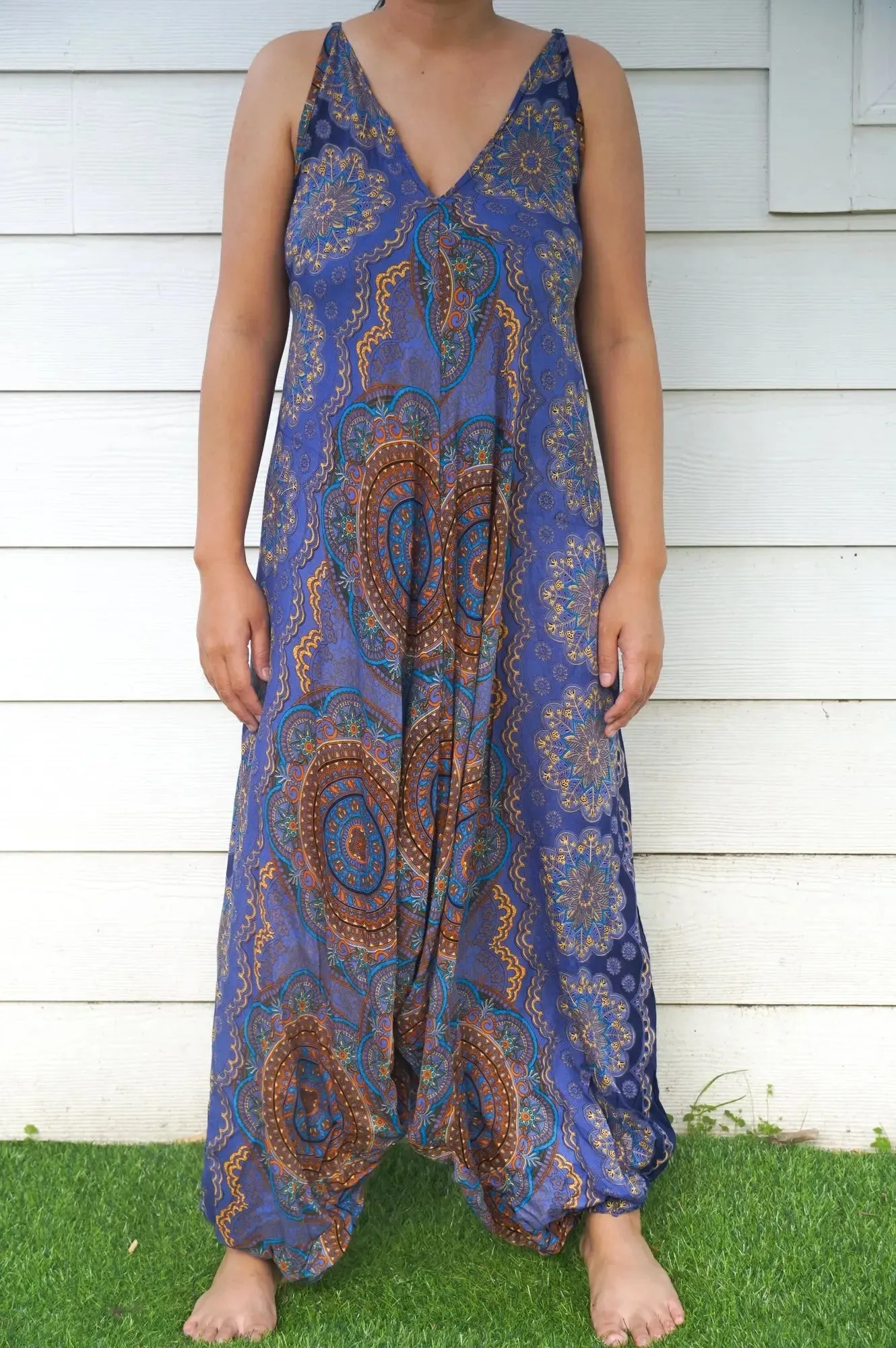 Bohemian Blue Mandala Adjustable Wide-Leg Jumpsuit Romper