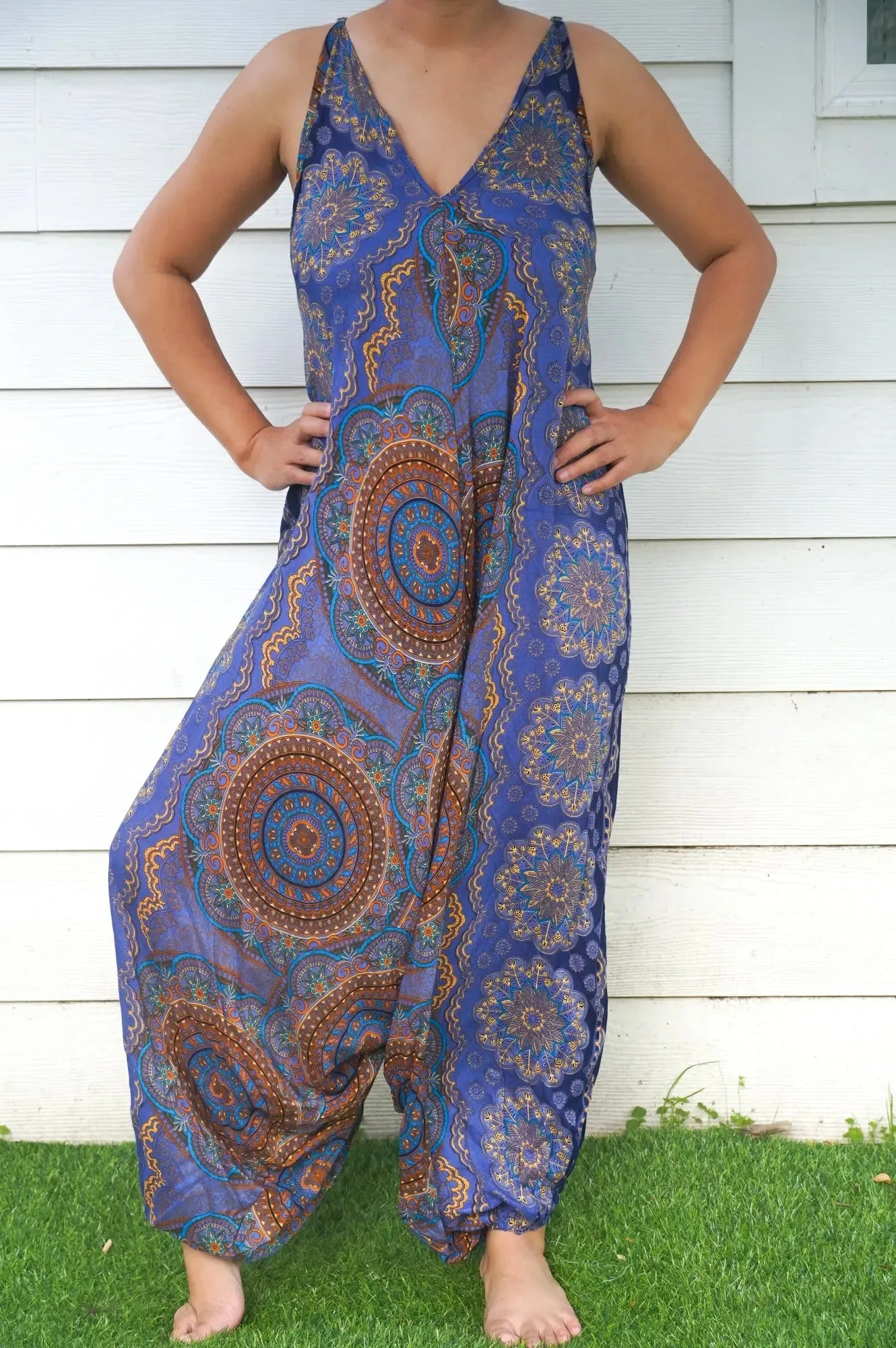 Bohemian Blue Mandala Adjustable Wide-Leg Jumpsuit Romper