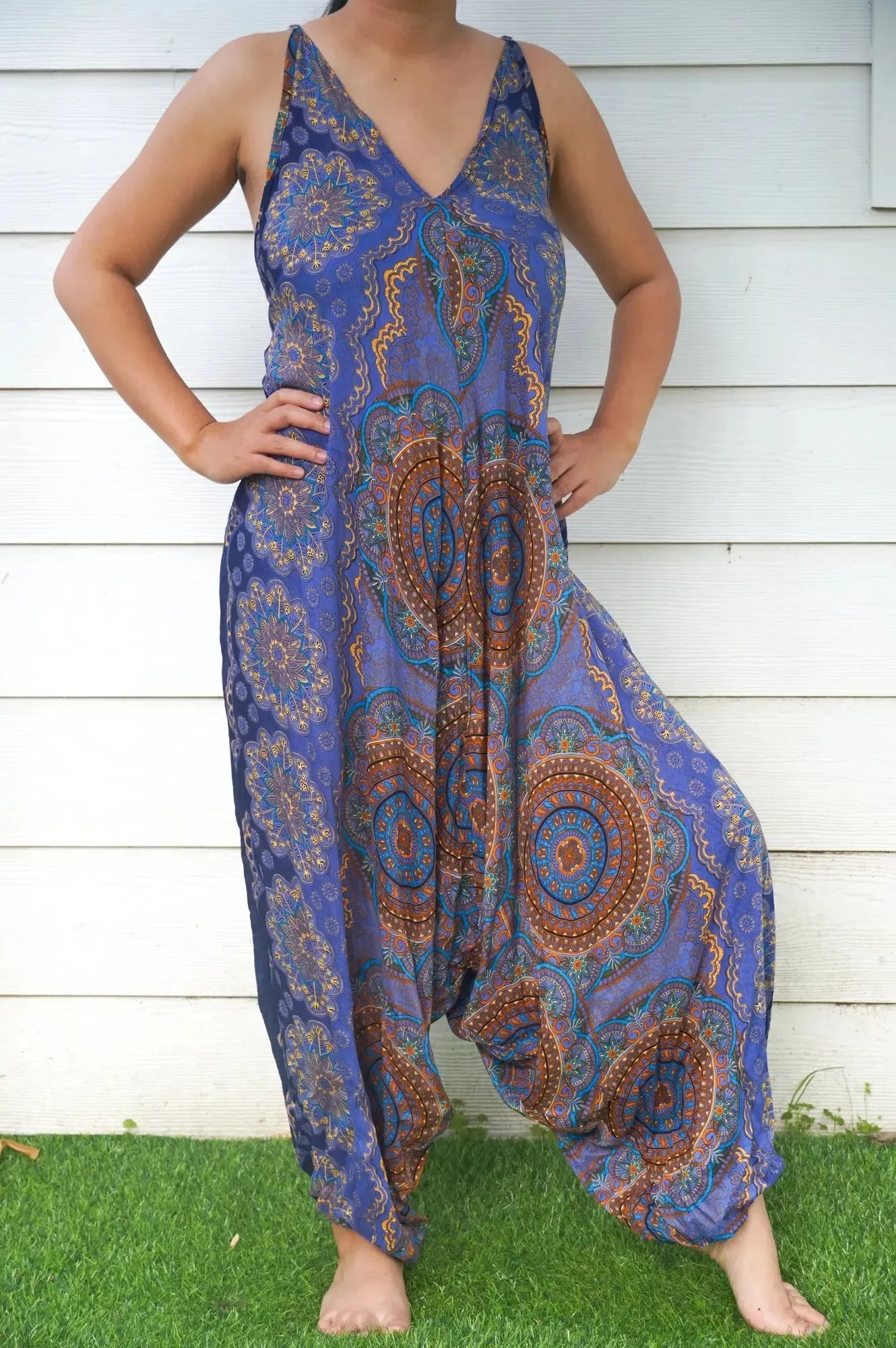 Bohemian Blue Mandala Adjustable Wide-Leg Jumpsuit Romper