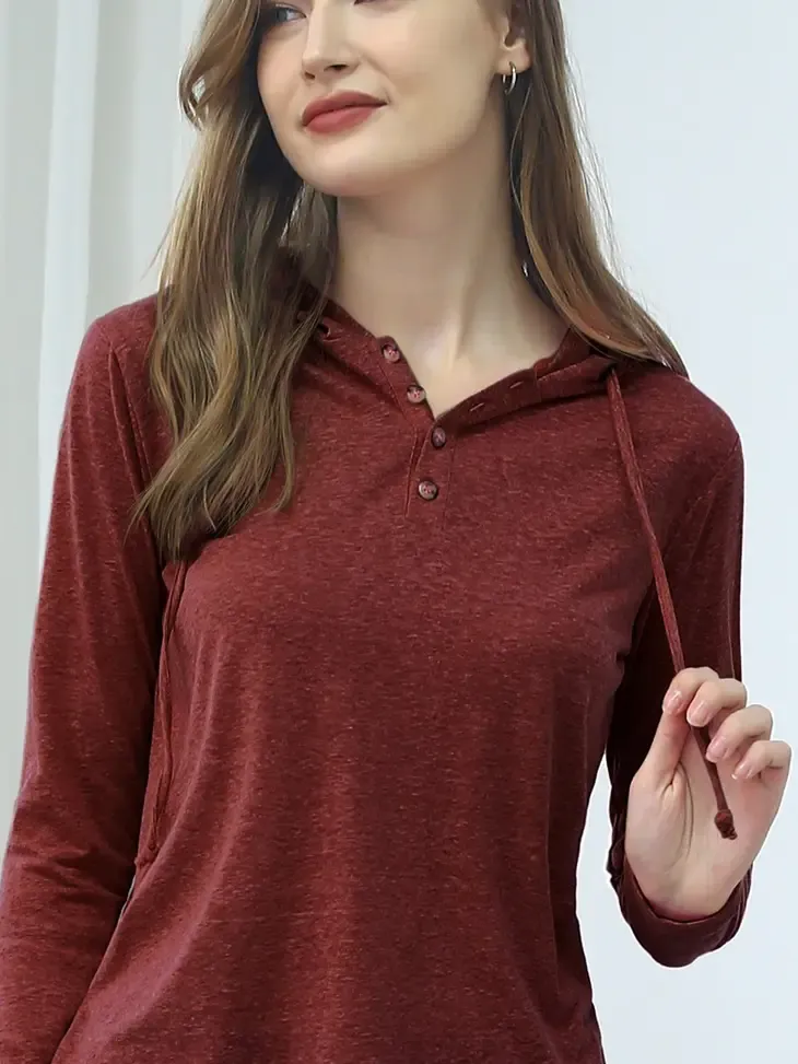 Button Down Henley Light Weight Hoodie Top | Burgundy
