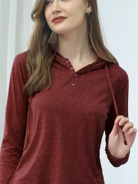 Button Down Henley Light Weight Hoodie Top | Burgundy