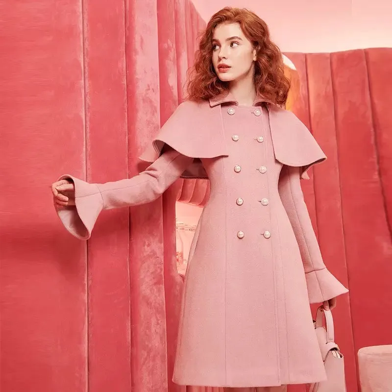 Candy Pink Coat With Removable Cape  and Pockets