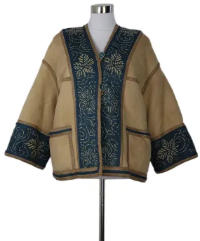 Carlo Tivioli Tan Shearling & Blue Linen Coat sz 4