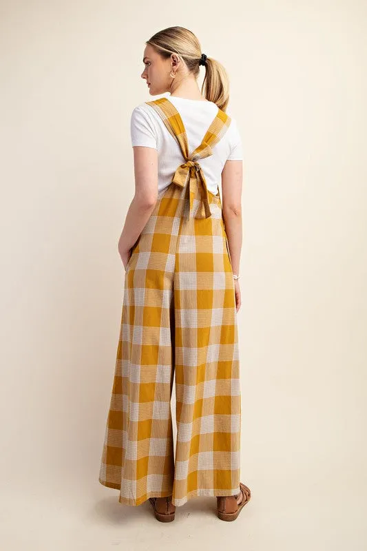 Check Print Wide Leg Jumpsuit Mustard