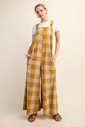 Check Print Wide Leg Jumpsuit Mustard
