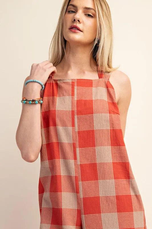 Check Print Wide Leg Jumpsuit Tomato