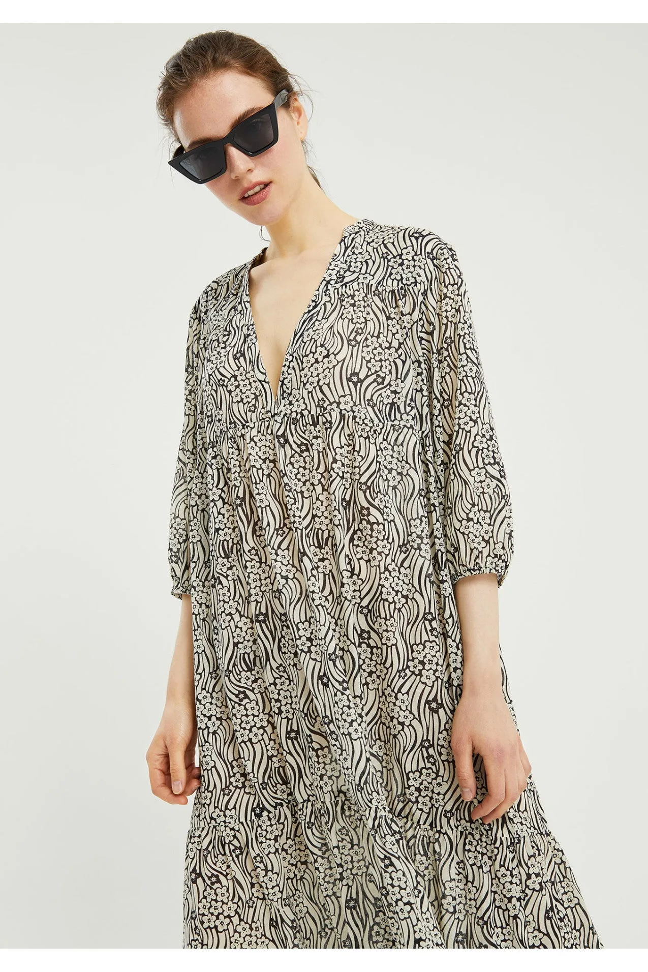 Compania Fantastica Beach Black beige summer Floral print midi tunic dress