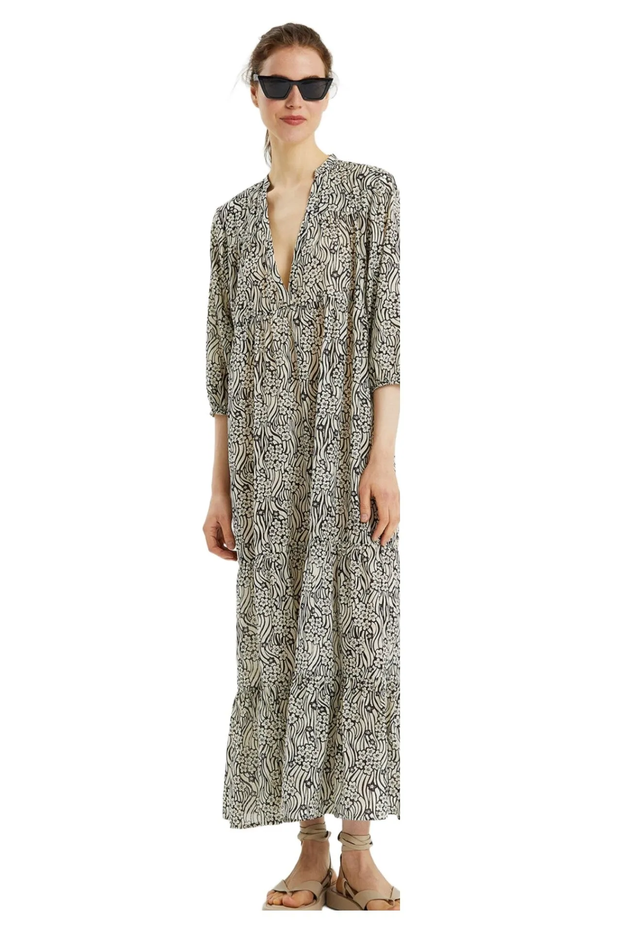 Compania Fantastica Beach Black beige summer Floral print midi tunic dress
