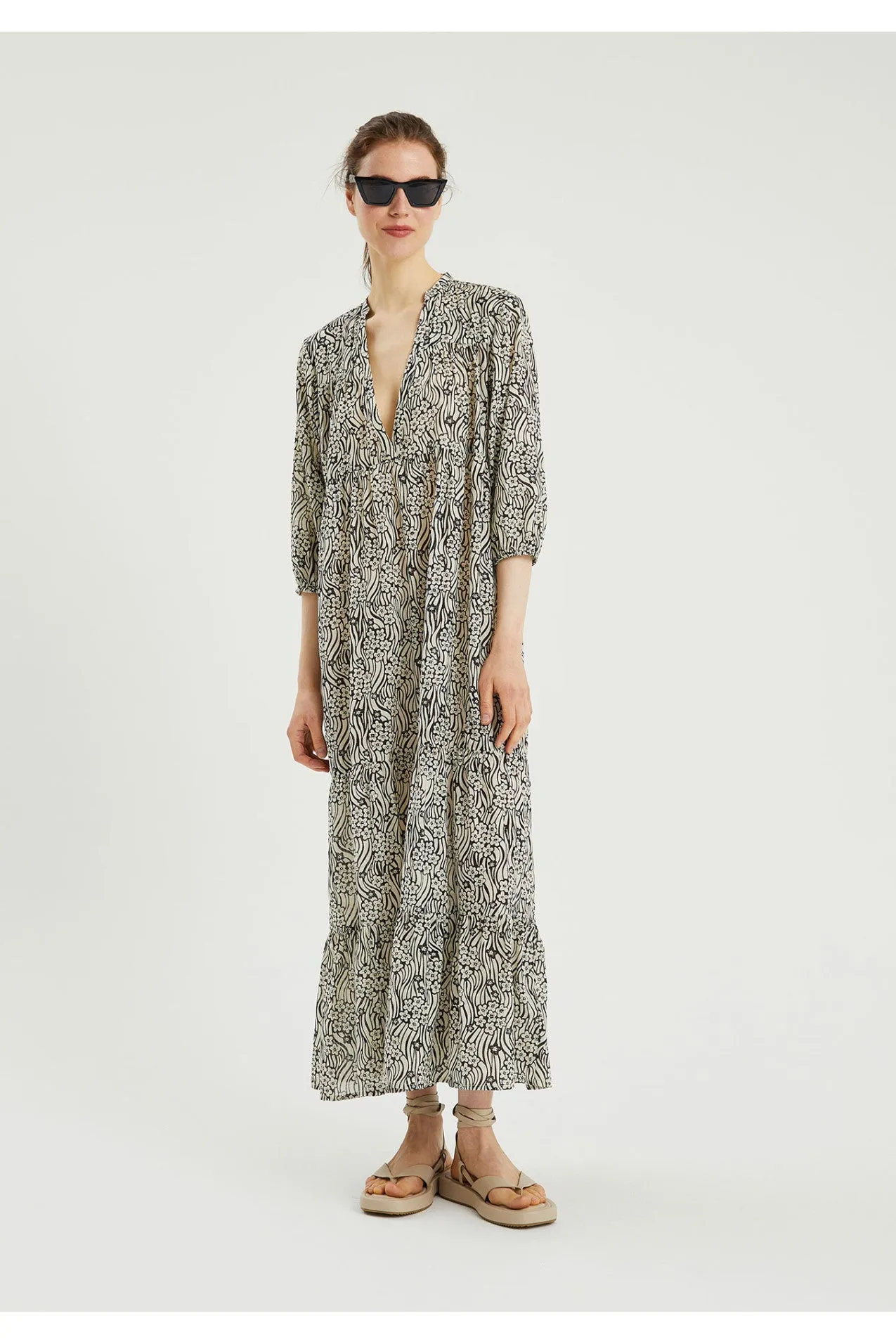Compania Fantastica Beach Black beige summer Floral print midi tunic dress