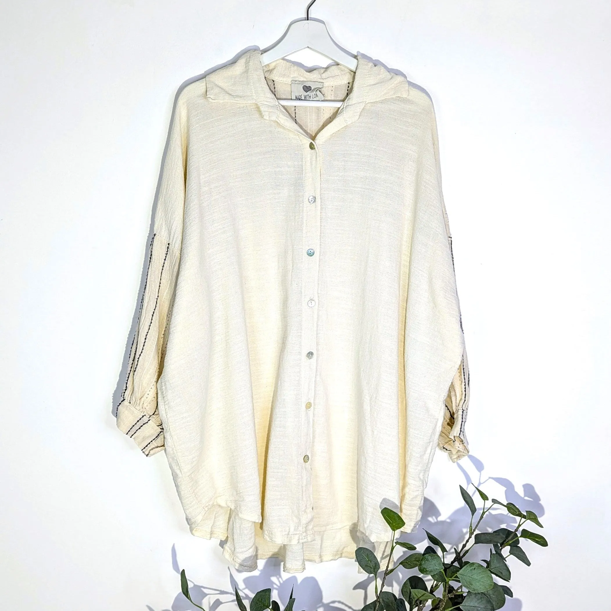 Cotton mix button down boho shirt with subtle sequin stripes (L)