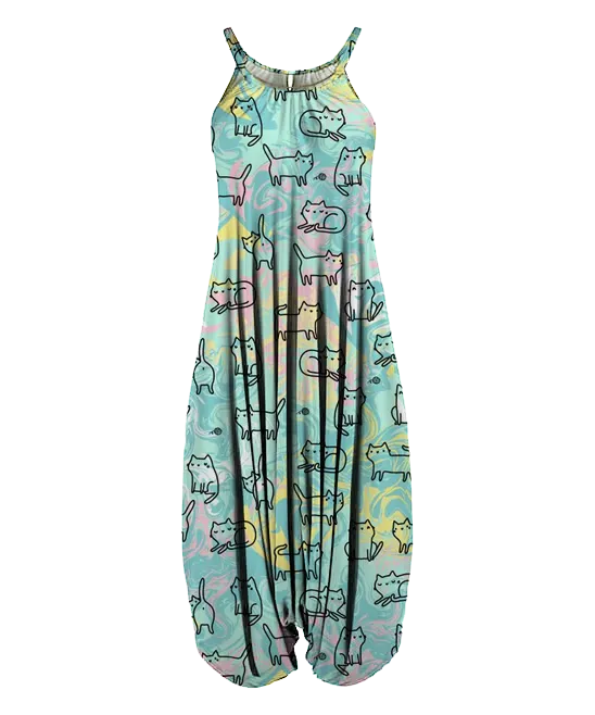 Cute cartoon cat green print harem jumpsuit