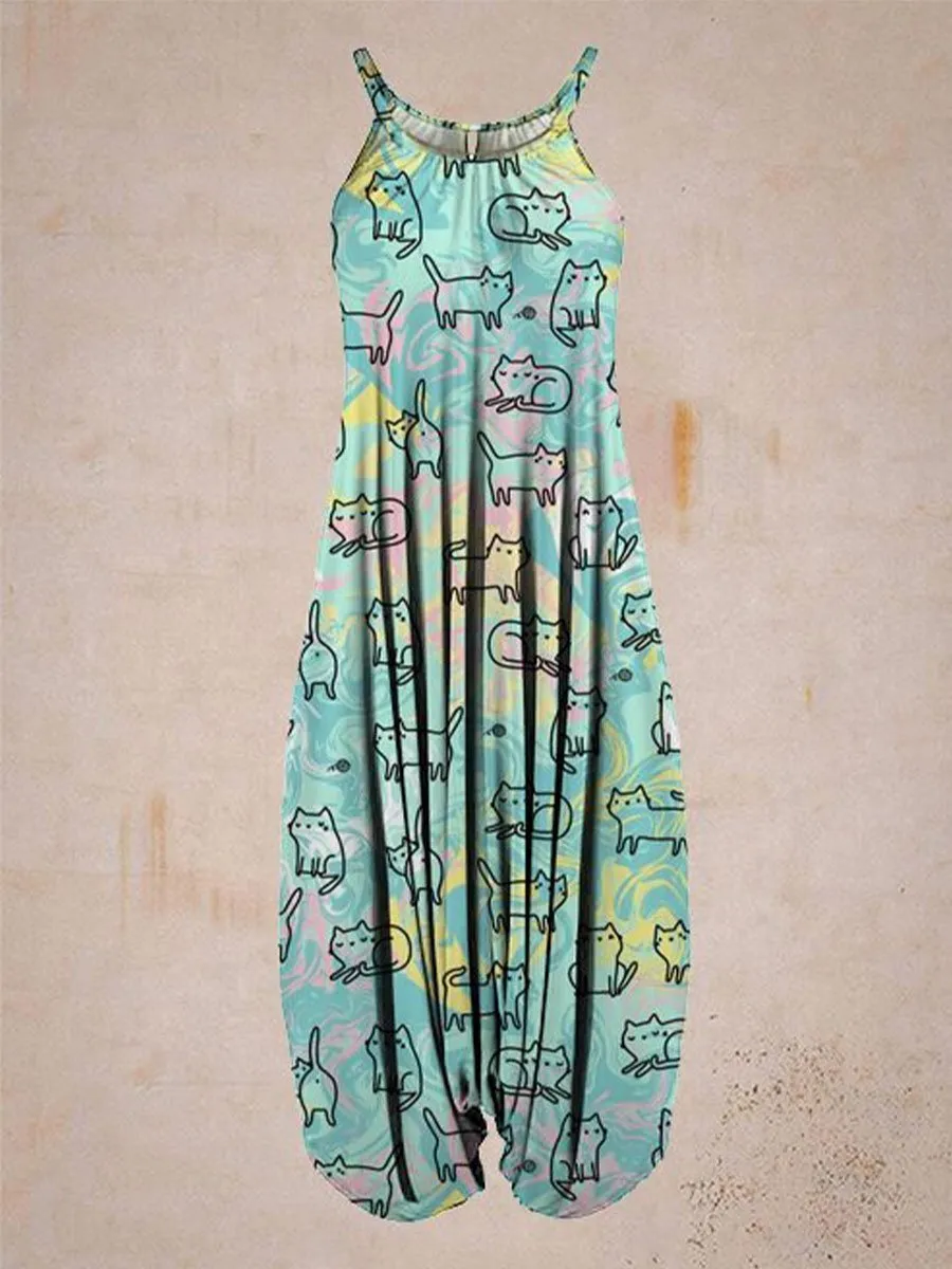 Cute cartoon cat green print harem jumpsuit