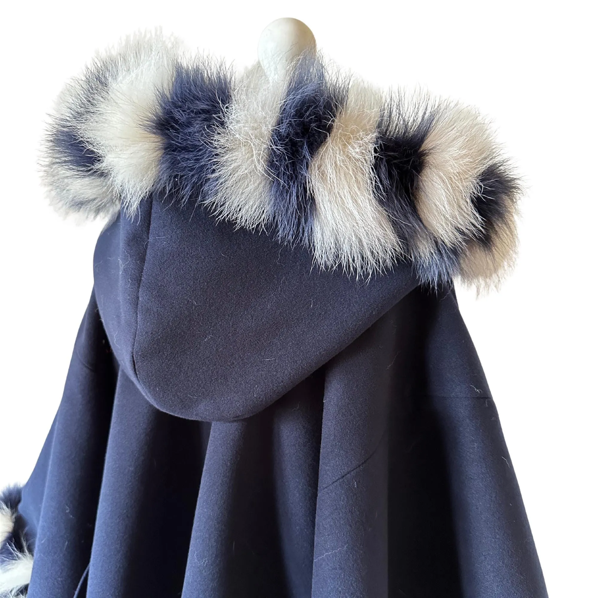 Dark Blue Women Winter Coat Cape Trim Fox Fur, Navy Winter Women's Poncho Jacket lined, Warm Women's coat with a hood