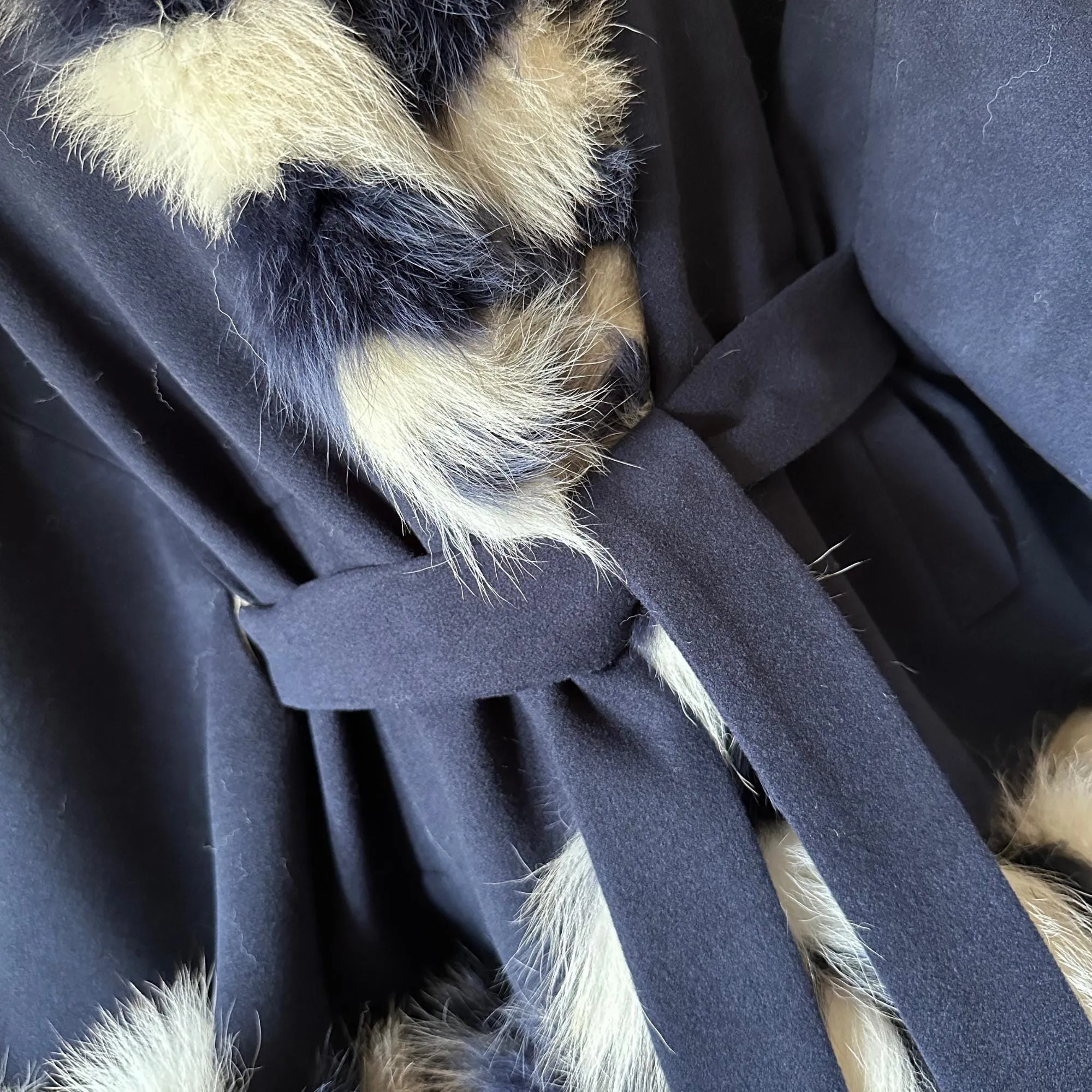 Dark Blue Women Winter Coat Cape Trim Fox Fur, Navy Winter Women's Poncho Jacket lined, Warm Women's coat with a hood