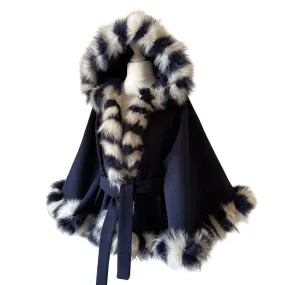 Dark Blue Women Winter Coat Cape Trim Fox Fur, Navy Winter Women's Poncho Jacket lined, Warm Women's coat with a hood