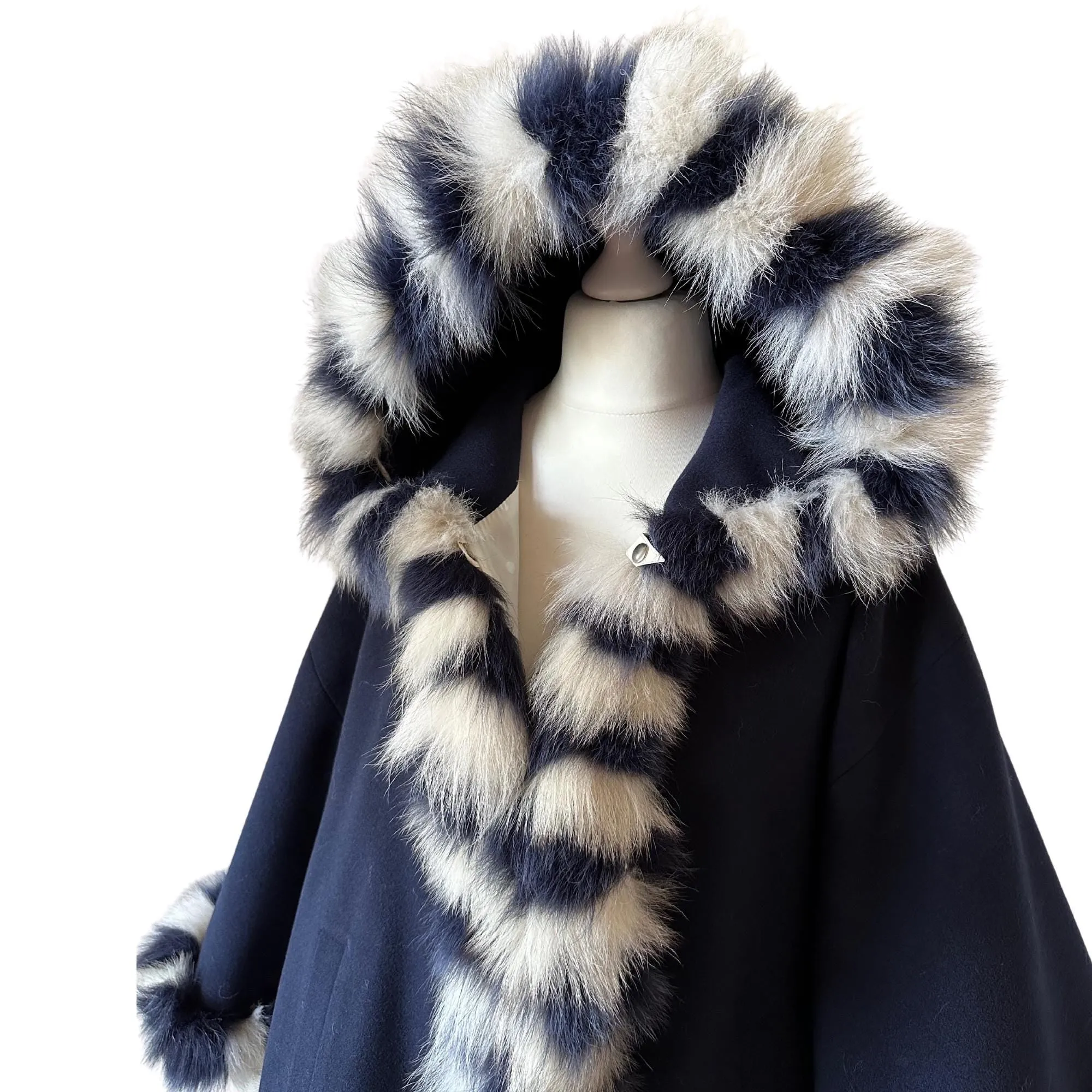 Dark Blue Women Winter Coat Cape Trim Fox Fur, Navy Winter Women's Poncho Jacket lined, Warm Women's coat with a hood