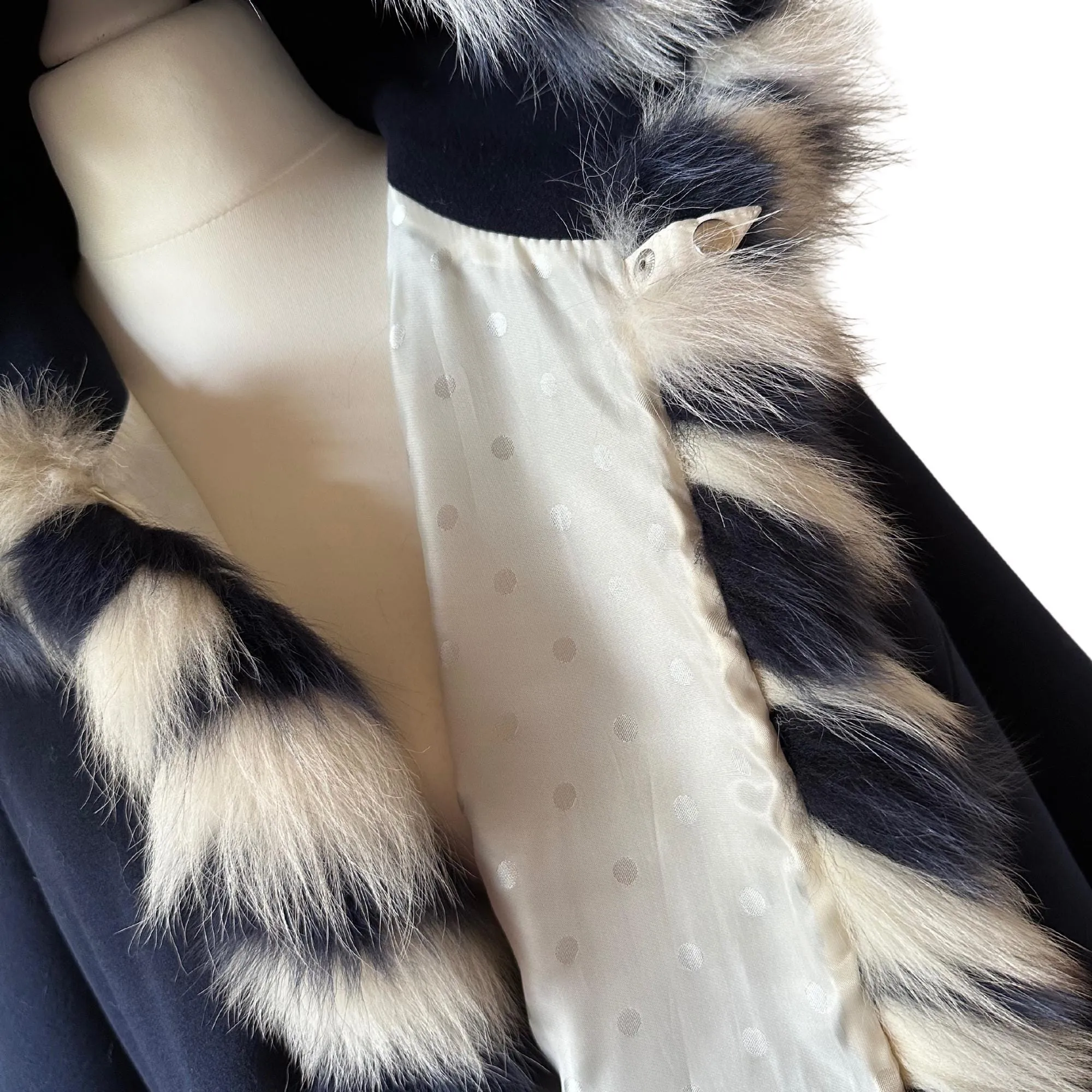 Dark Blue Women Winter Coat Cape Trim Fox Fur, Navy Winter Women's Poncho Jacket lined, Warm Women's coat with a hood