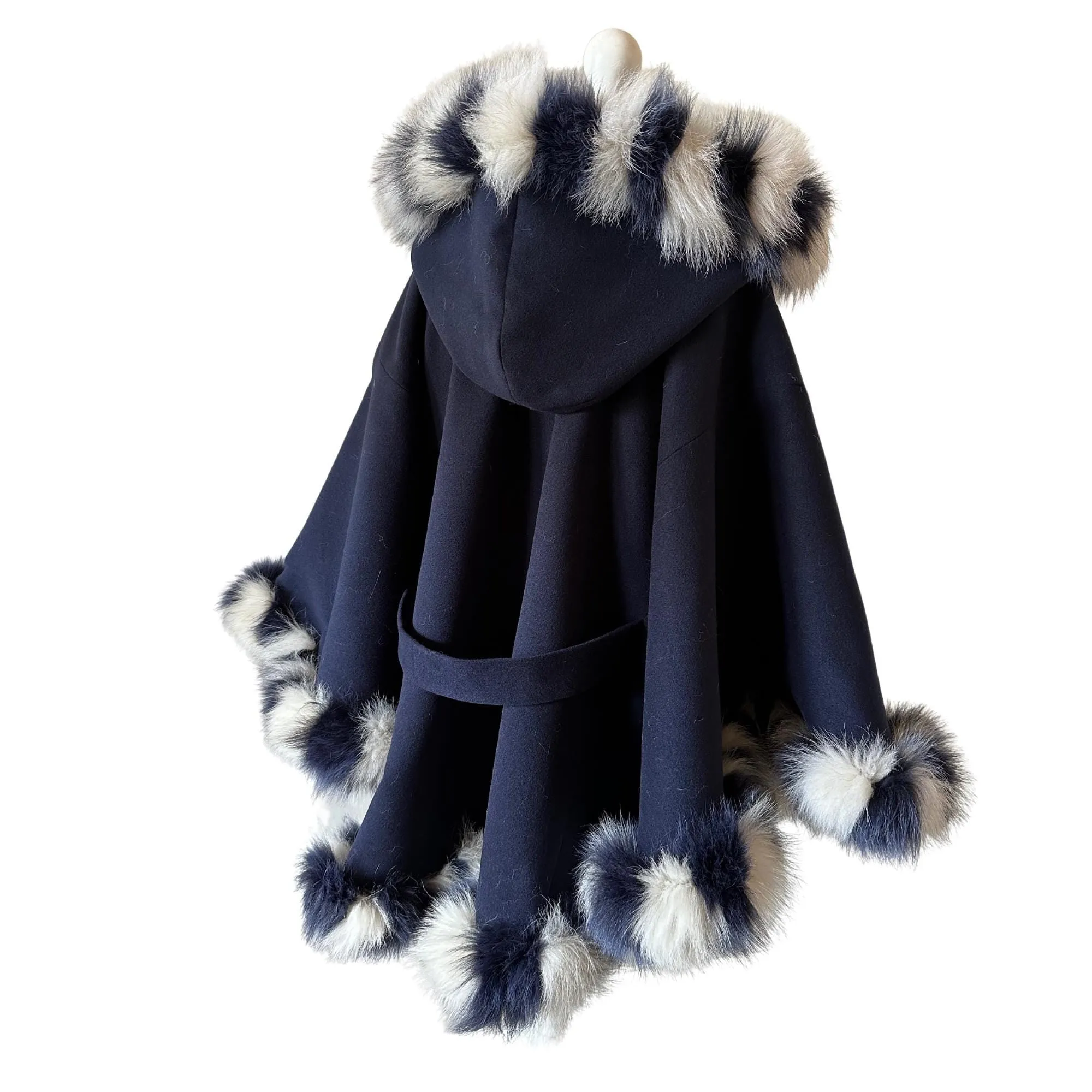 Dark Blue Women Winter Coat Cape Trim Fox Fur, Navy Winter Women's Poncho Jacket lined, Warm Women's coat with a hood